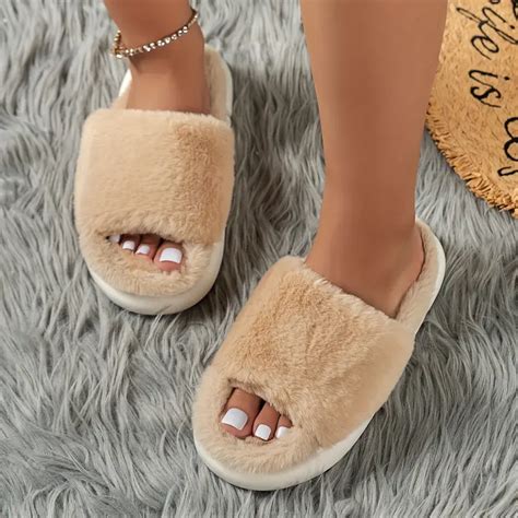 Cozy Fluffy Furry House Slippers Single Band Open Toe Temu