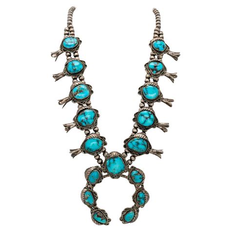 Vintage Navajo Silver And Kingman Turquoise Squash Blossom Necklace At