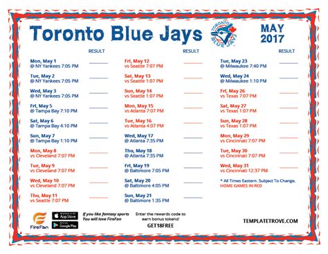 Printable 2017 Toronto Blue Jays Schedule