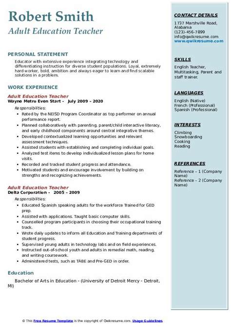 Adult Education Teacher Resume Samples Qwikresume