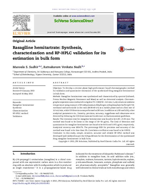 (PDF) Rasagiline hemitartrate: Synthesis, characterization and RP-HPLC ...