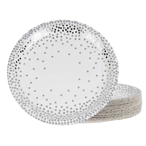 Silver Disposable Plates Pack Metallic Silver Foil Polka Dot Paper