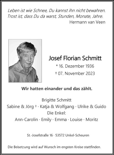 Traueranzeigen Von Josef Florian Schmitt GA Trauer De