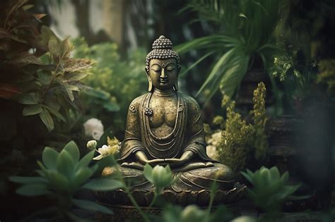 Premium AI Image | A buddha statue sits in a garden with plants and plants.