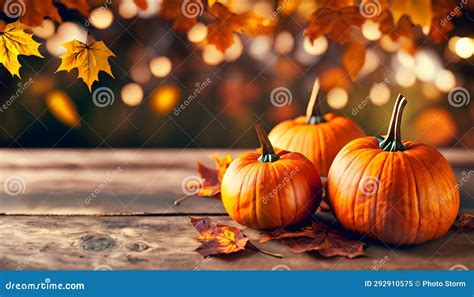 Harvest Bounty Pumpkins On Rustic Table For Halloween Stock