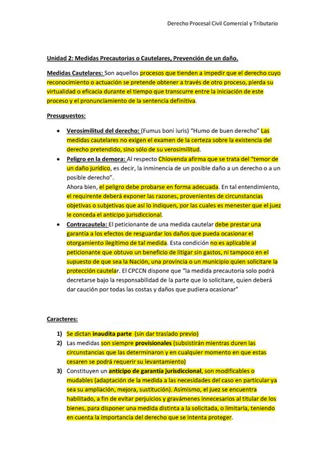 Procesal Parcial Unidad 2 Medidas Precautorias O Cautelares