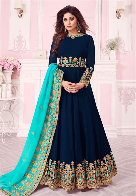 Shamita Shetty Navy Blue Georgette Embroidered Abaya Style Anarkali