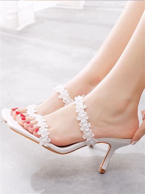 Women S Leatherette With Flower Peep Toe Stiletto Heel Sandals Hebeos