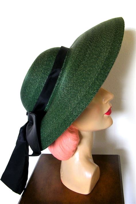 Vintage 1940s Wide Brim Cartwheel Green Straw Hat Etsy Wide