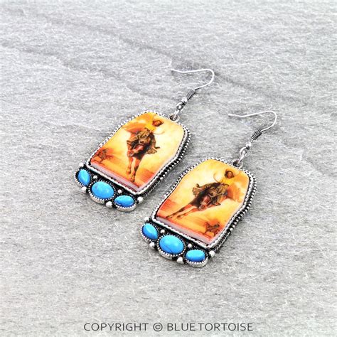 Western Cowgirl Portrait Dangle Earrings Bluetortoisewholesale