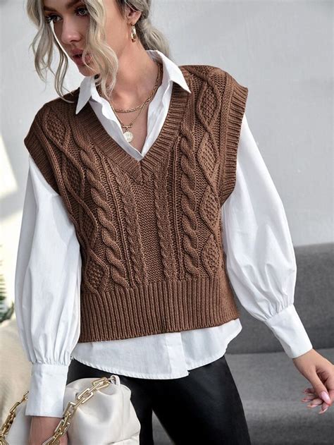 Cable Knit Sweater Vest Without Blouse In 2021 Vest Outfits For Women