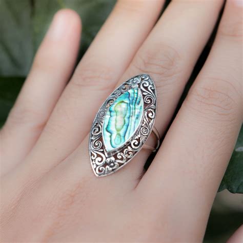 Marquise Filigree Flower Ring With Abalone Paua Shell Fashion