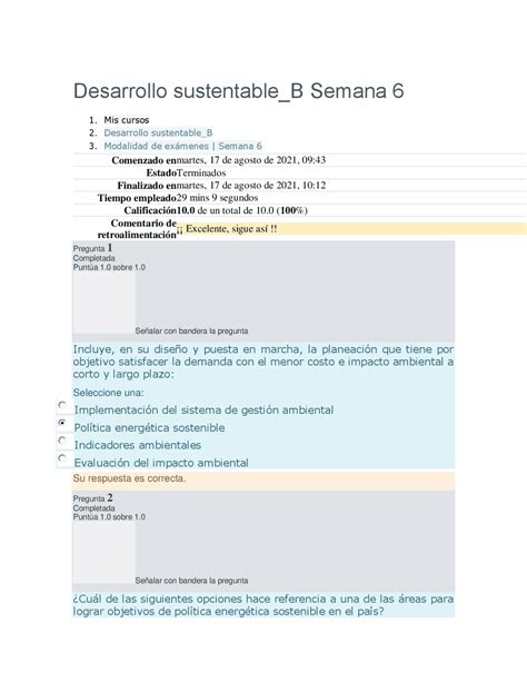 Examen resuelto semana 6 Exámenes de Desarrollo Sostenible Docsity