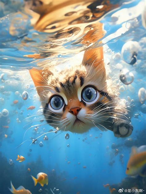 A Cat Swimming In The Water With Bubbles Around Its Head And Eyes