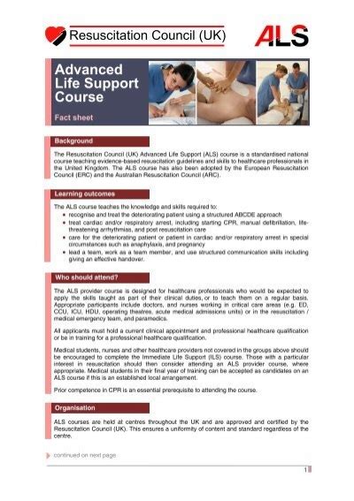 Advanced Life Support Course Fact Sheet Resuscitation Council UK