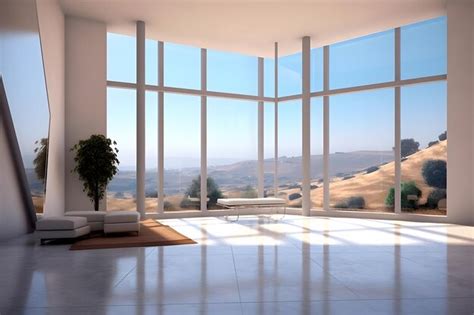 Premium AI Image | A room with a large window that says the view is a mountain view