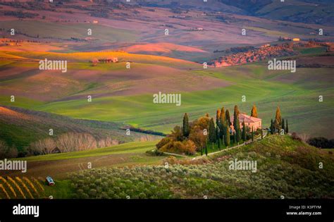 San Quirico D Orcia Tuscany Italy Sunset Over Podere Belvedere Stock