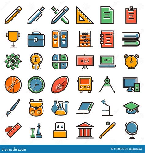 Education School Icon Symbol Set Collection Colorful Outline Stock