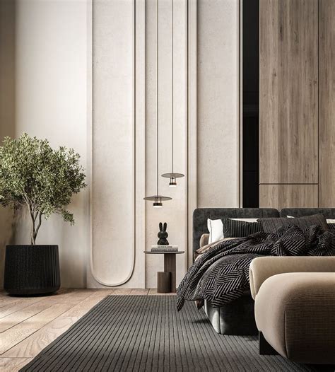 A Modern Bedroom With Black And White Bedding Wood Paneled Walls And