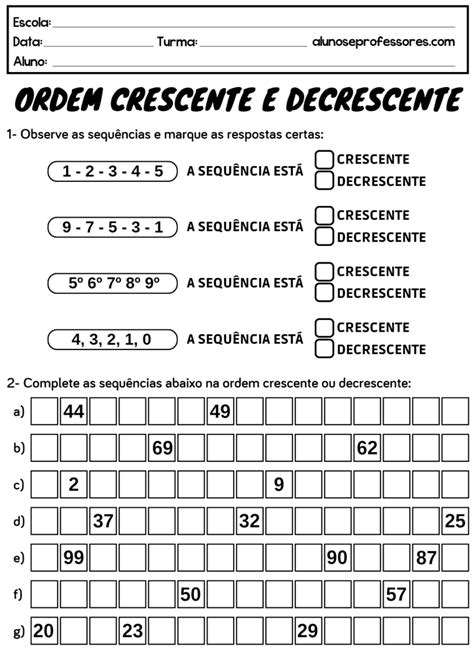 Atividades Sobre Ordem Crescente E Decrescente Para Imprimir Alunos E