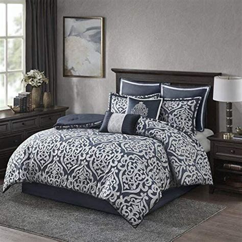 8 Piece Traditional Style Navy White Comforter Set Queen Elegant