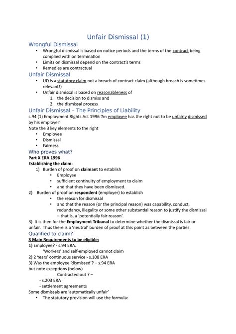 Unfair Dismissal Lecture 7 Notes Unfair Dismissal 1 Wrongful