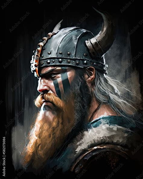 A Viking wearing a helmet with horns. Medieval berserker warrior with ...