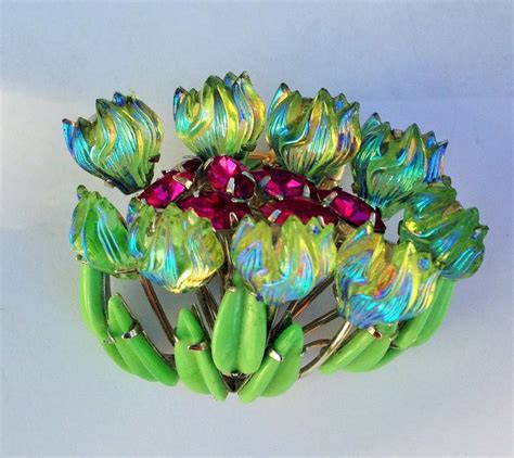 Very Rare Schreiner Tulip Brooch With Carved Iridescent Stones Vintage