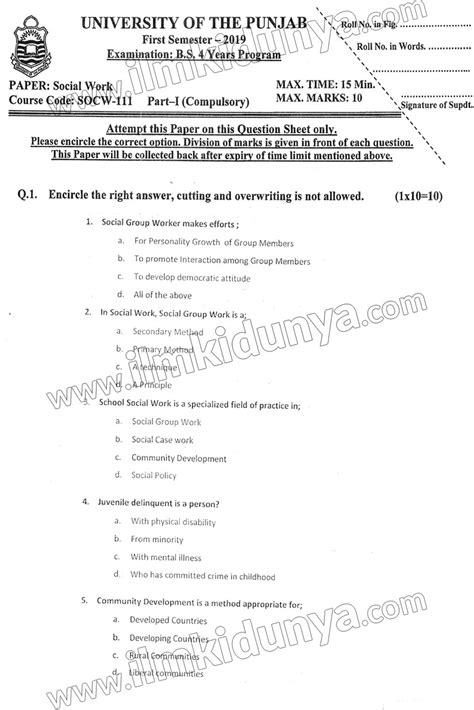 Past Paper 2019 Punjab University Social Work BS ED Hons 1st Semester