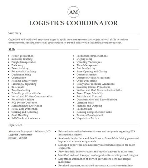 Logistics Coordinator Resume Example