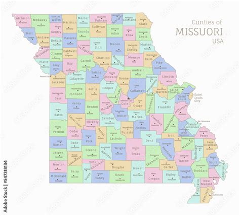 Counties of Missouri, administrative map of USA federal state. Highly ...