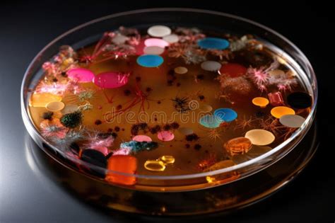 Petri Dish With Colorful And Varied Microbial Cultures Including Fungi