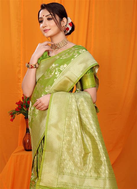 Shop Green Color Patola Silk Zari Weaving Work Saree Party Wear Online