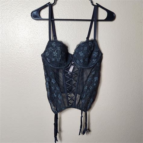 Victoria S Secret Black Lace Corset Garter With Black Gem