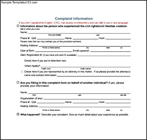 Civil Rights Complaint Form Sample Templates