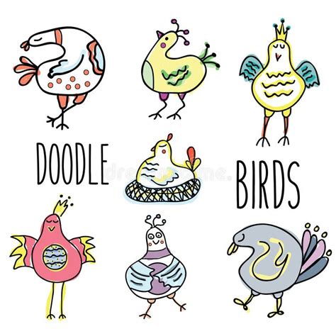 Doodle Birds Vector Set Hand Drawn Sketch Style Design Elements