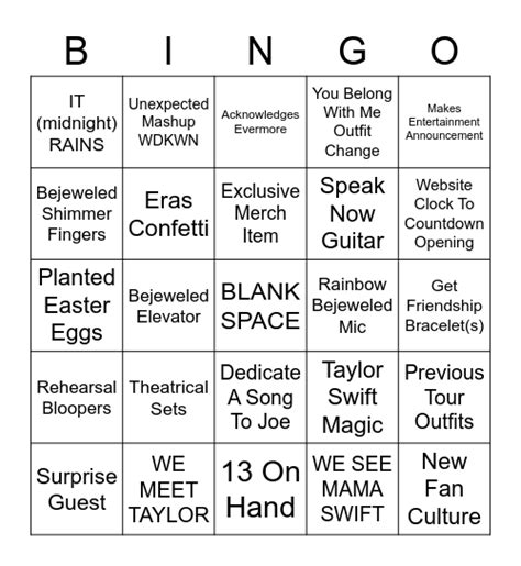 Taylor Swift The Eras Tour Bingo Board Bingo Card