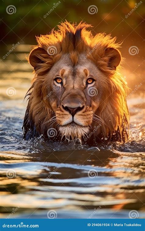 Lion Swimming in Water at Sunset Stock Illustration - Illustration of wild, lion: 294061934