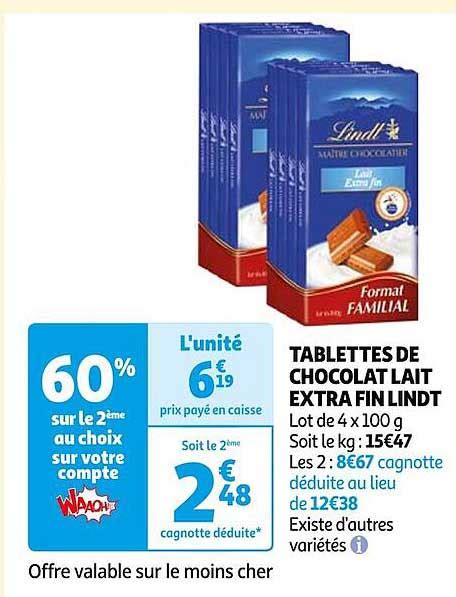 Promo Tablettes De Chocolat Lait Extra Fin Lindt Chez Auchan