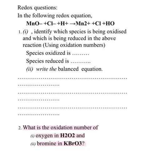 Solved Redox Questions In The Following Redox Equation Chegg