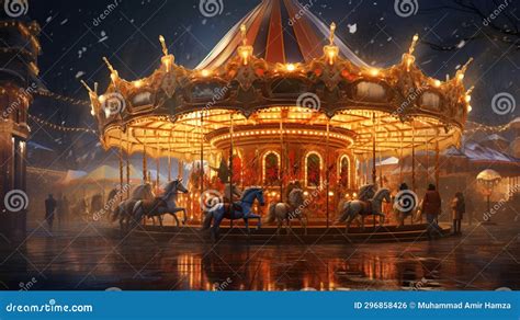 A Festive Carousel With Brightly Lit Horses Stock Illustration