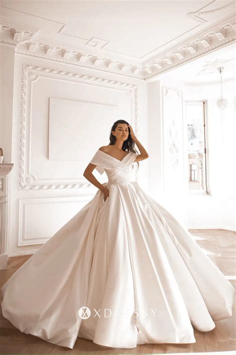 Elegant Off The Shoulder Ivory Satin Bridal Ball Dress Xdressy