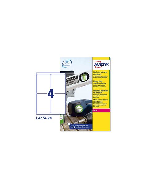 Poliestere Adesivo L4774 Bianco 20fg A4 99 1x139mm 4et Fg Laser Avery