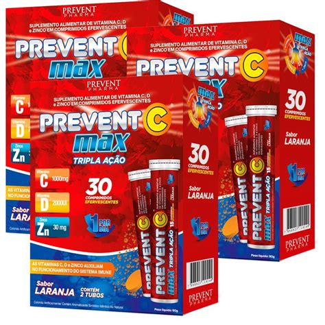 Prevent Max Tripla Acao Efervescente Vitamina C D E Zinco 90