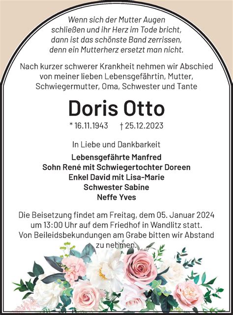 Traueranzeigen von Doris Otto Märkische Onlinezeitung Trauerportal