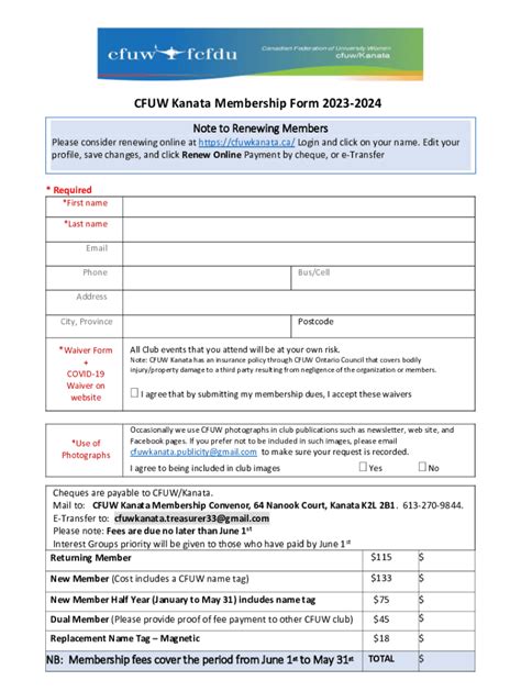 Fillable Online Cfuw Kanata Registration Form Printable Fax Email