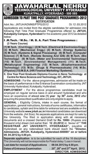 JNTU Hyderabad PG Admissions Part Time M.Tech, M.Sc, MBA, M. Pharmacy ...