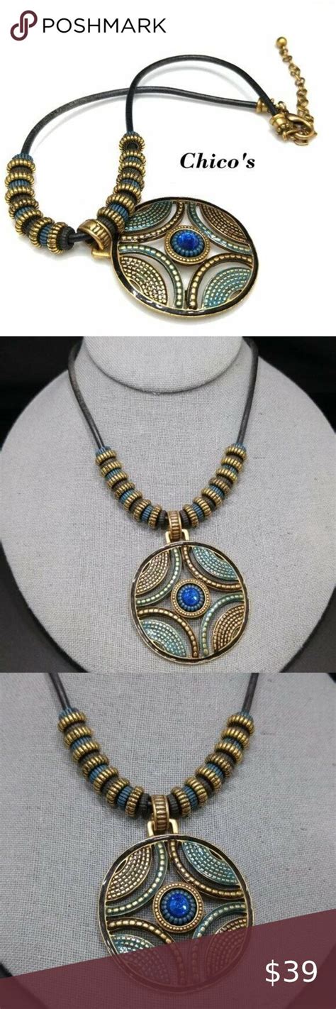 Chico S Blue Rhinestone Enamel Pendant Beaded Leather Necklace Leather