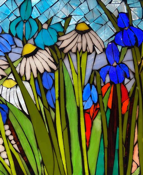 Mixed Flower Stained Glass Window Framed Hanging Glass Art Large