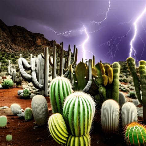 Cactus Mountain Thunderstorm Lightning 4k Photograph Hyper Realistic